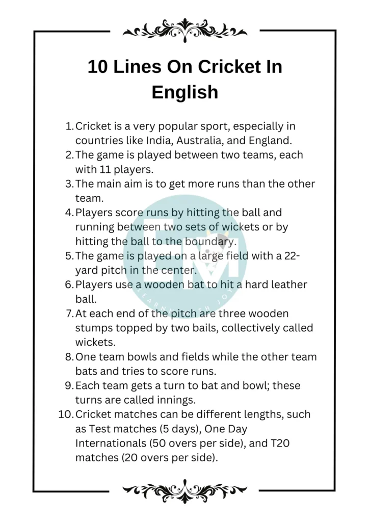 10 Lines On Cricket In English