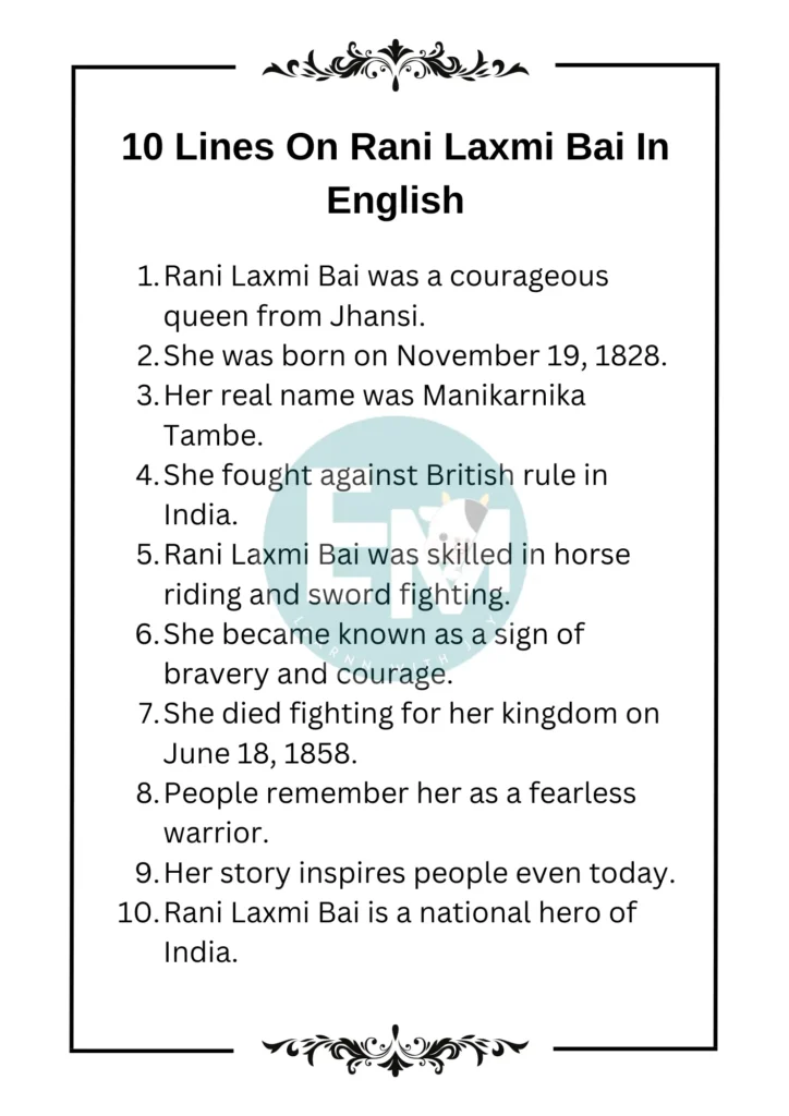 10 Lines On Rani Laxmi Bai In English