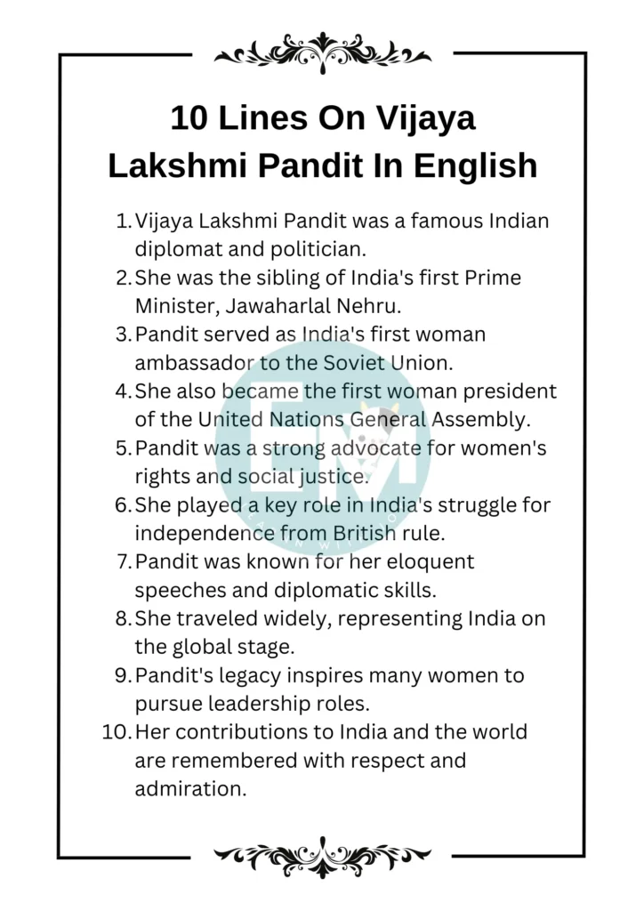 10 Lines On Vijaya Lakshmi Pandit In English