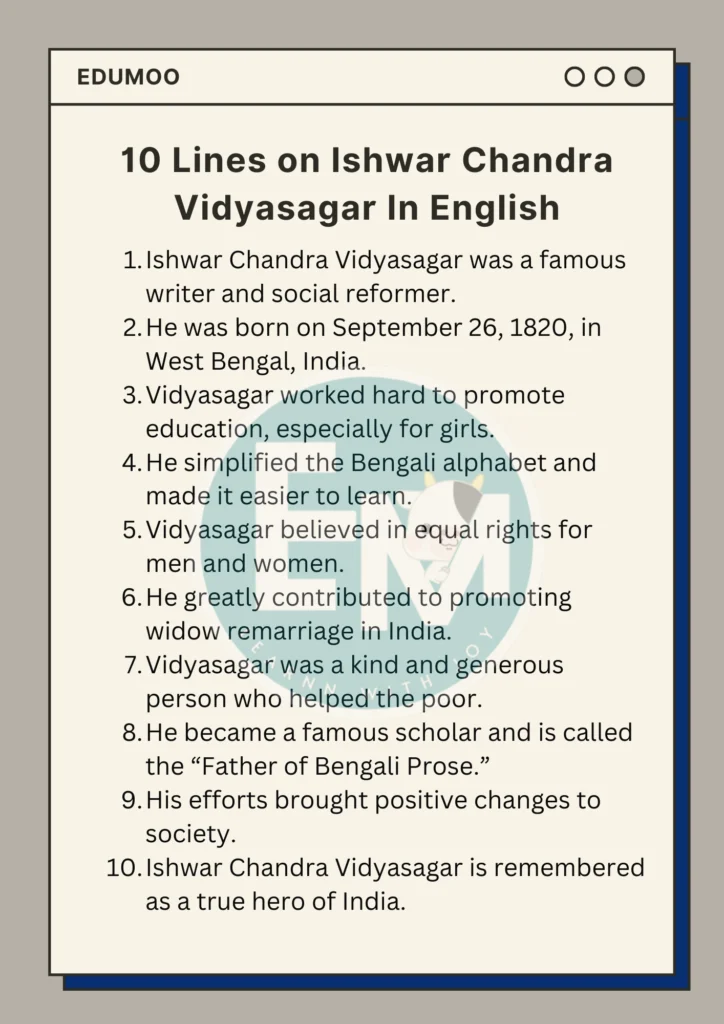 10 lines on ishwar chandra vidyasagar