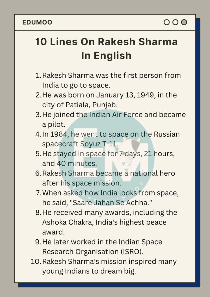 10 lines on rakesh sharma