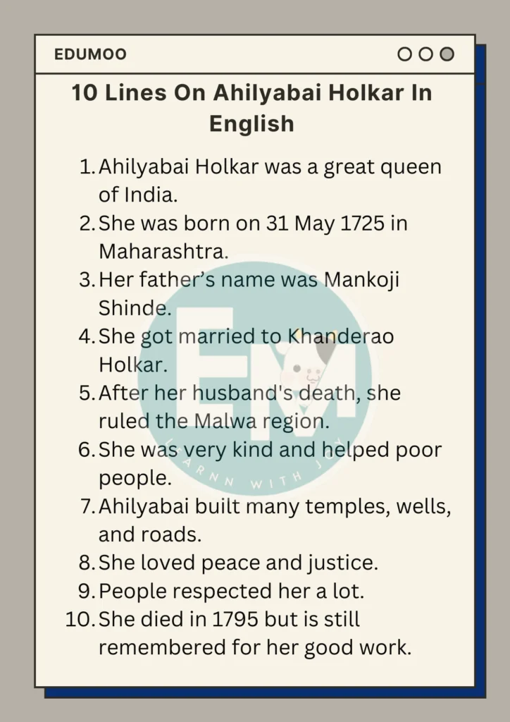 10 lines on ahilyabai holkar in english