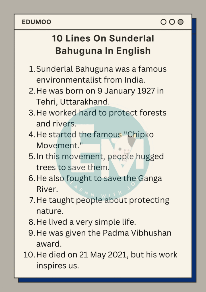 10 lines on sunderlal bahuguna