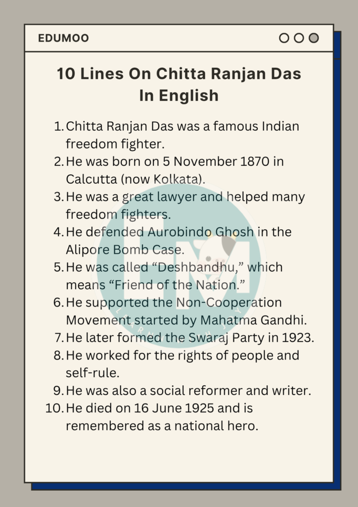 10 Lines On Chitta Ranjan Das