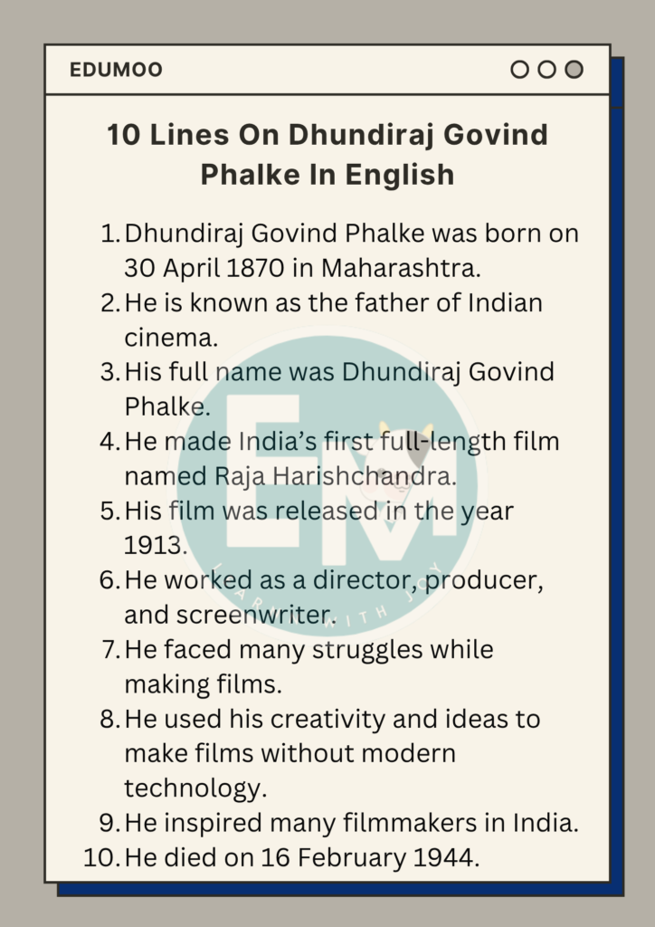 10 Lines On Dhundiraj Govind Phalke