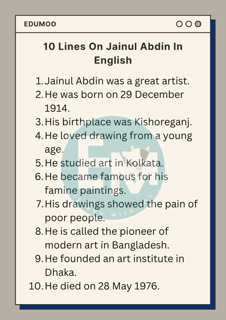 10 Lines On Jainul Abdin